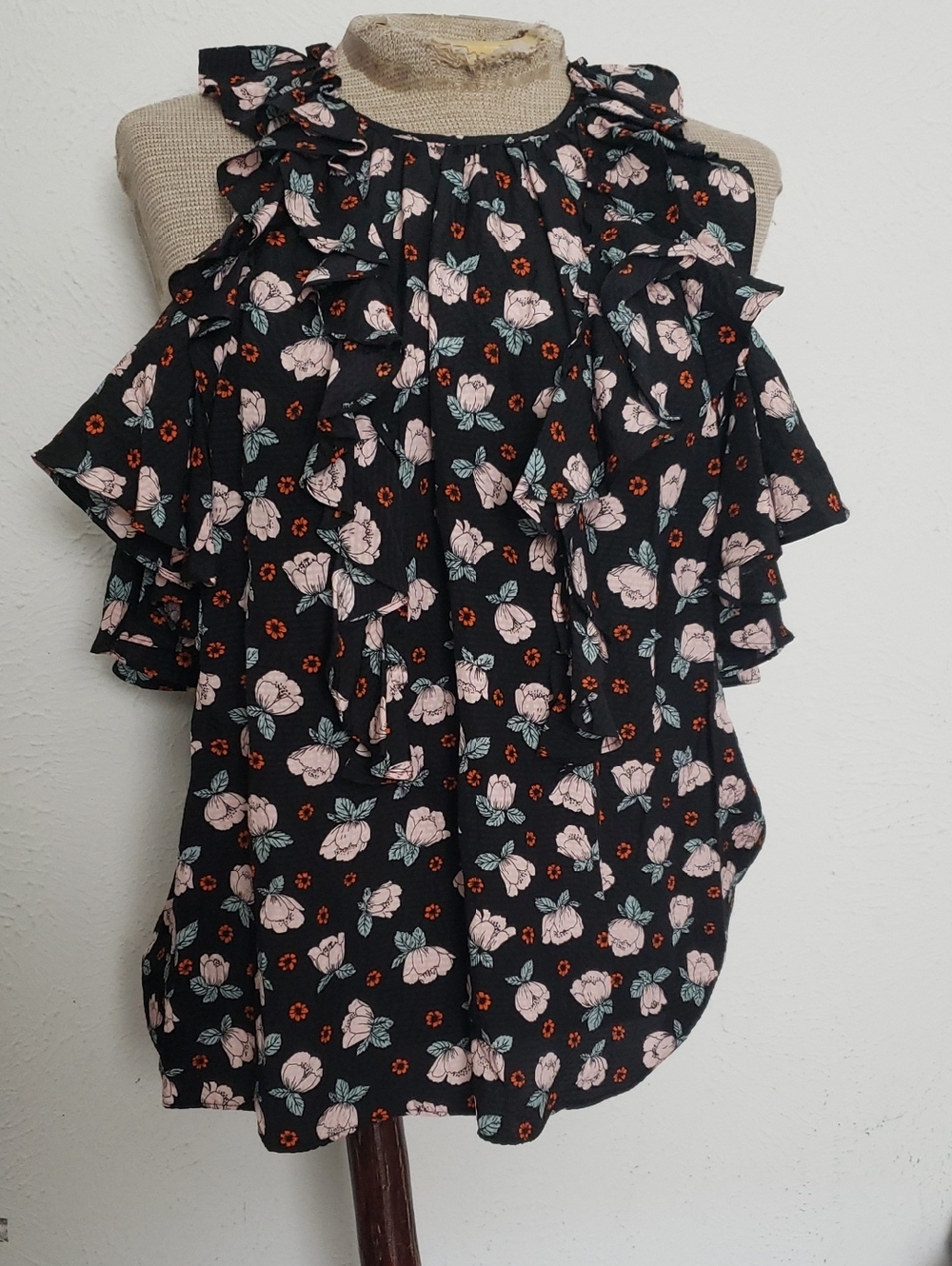 REBECCA TAYLOR SILK COLD SHOULDER RUFFLED Top S 6